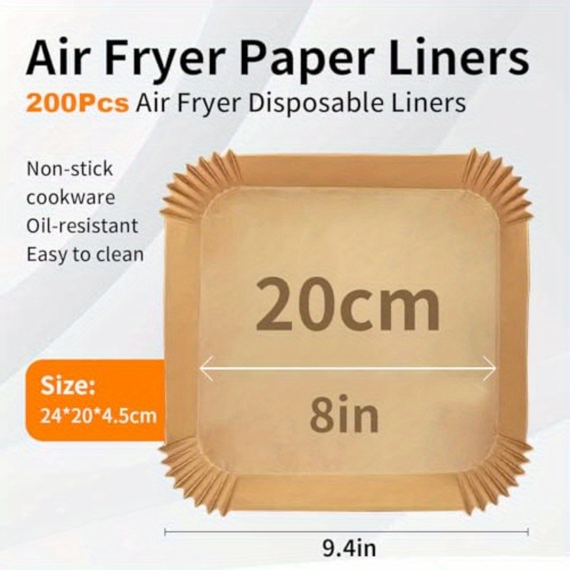 air fryer paper liners 200pcs parchment paper 8 inch sheets square air fryer disposable liner for 58  fryer baking roasting microwave nonstick and oil proof for easy  -stick, oil proof, compatible with 5-8  fryers, oven, microwave, toaster - heavy-duty parchment paper sheets for easy  , fits large families & commercial kitchens - disposable baking, roasting, frying liners, kitchen essentials,  , oilproof Product details 5