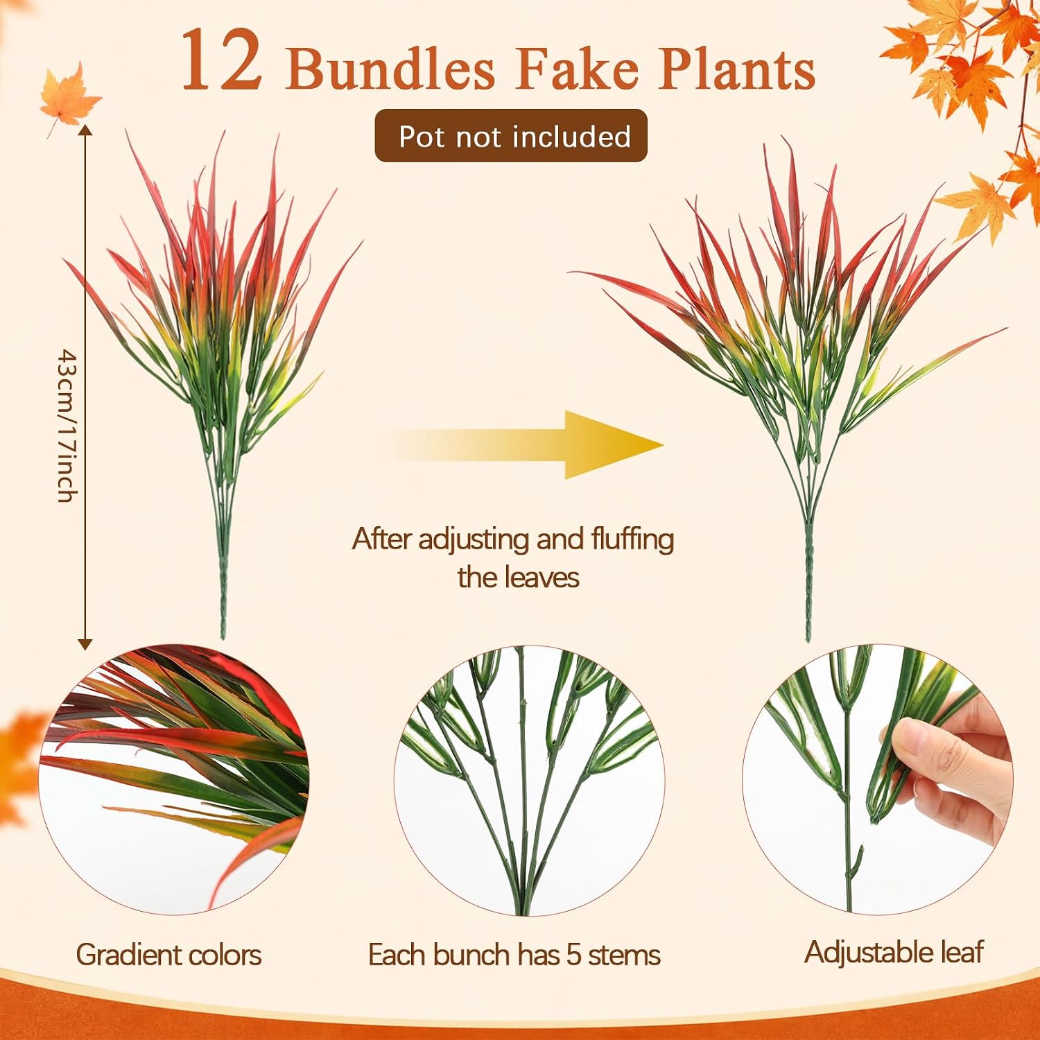TEMU 12 Bundles Artificial Plants For Outdoor Fall Faux Grass Stems, Home Decor | Uv-resistant Fake Plants For Outdoor Planting, Plastic Realistic