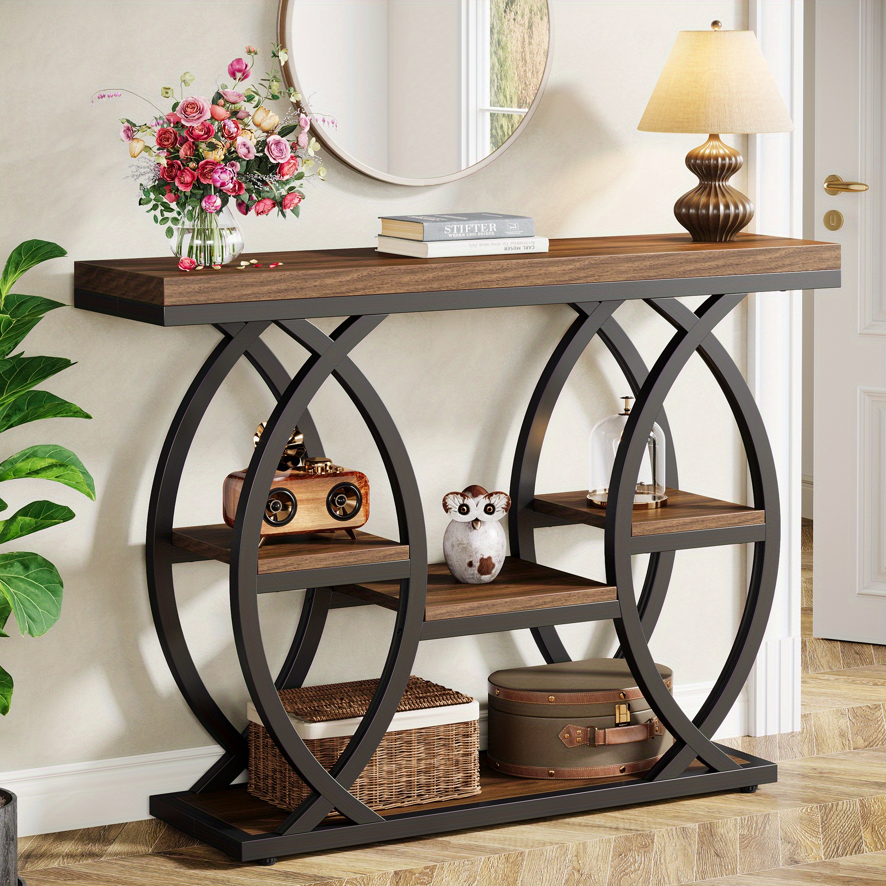TEMU 39.4-inch Console Table, Industrial 4-tier Sofa Table For With Storage Shelves, Slim Wooden Accent Tables With Metal Frame For Compact Areas,