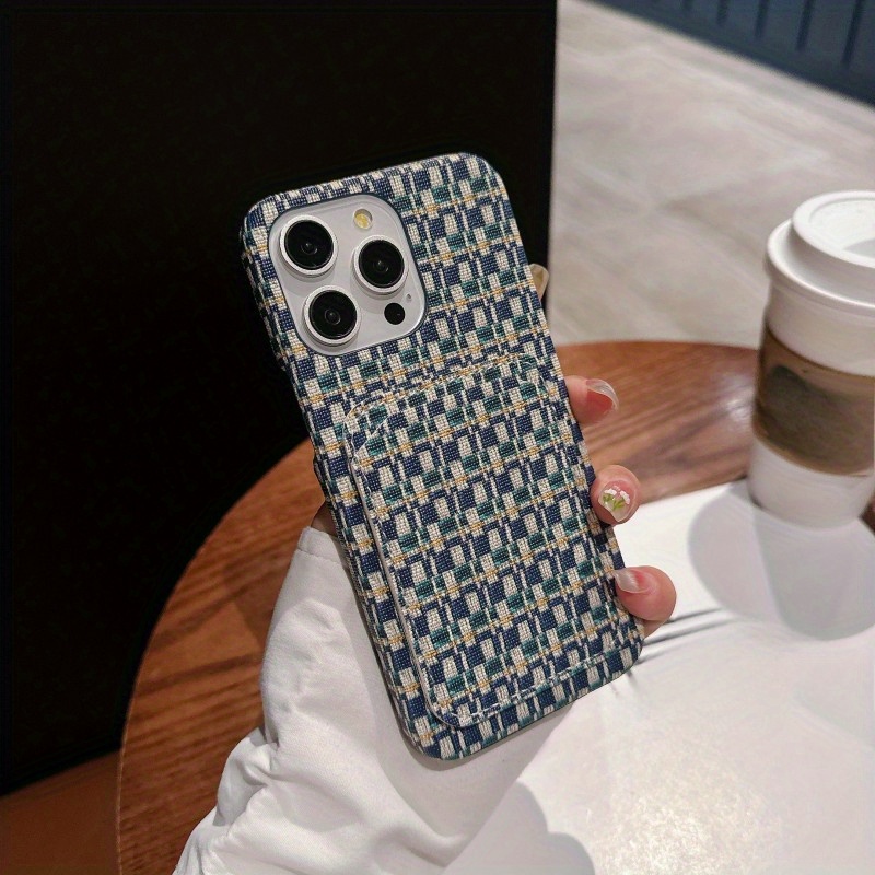TEMU Phone Case: Minimalist Checkered Pattern Card Holder Phone Case For Iphone 11 12 13 Pro , Anti-drop Soft Protective Cover
