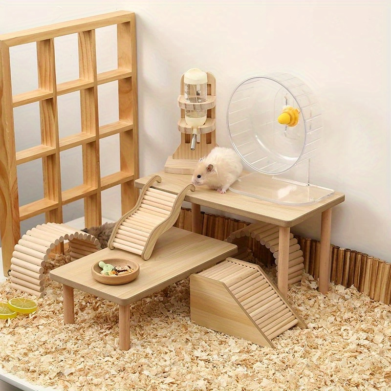 Wooden Hamster Platform with Chew-Resistant Play Landscape
