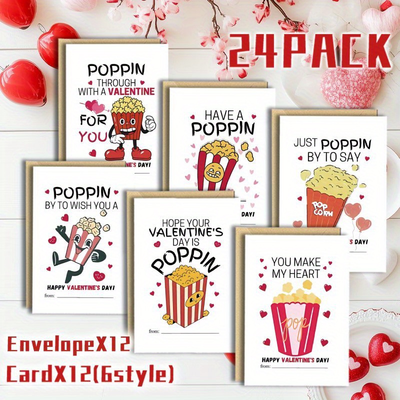 

24pcs Set With Envelopes, Fun Popcorn Valentine's Day Greeting Cards, Assorted Blank Cards For , Perfect Gifts For , Friends, .