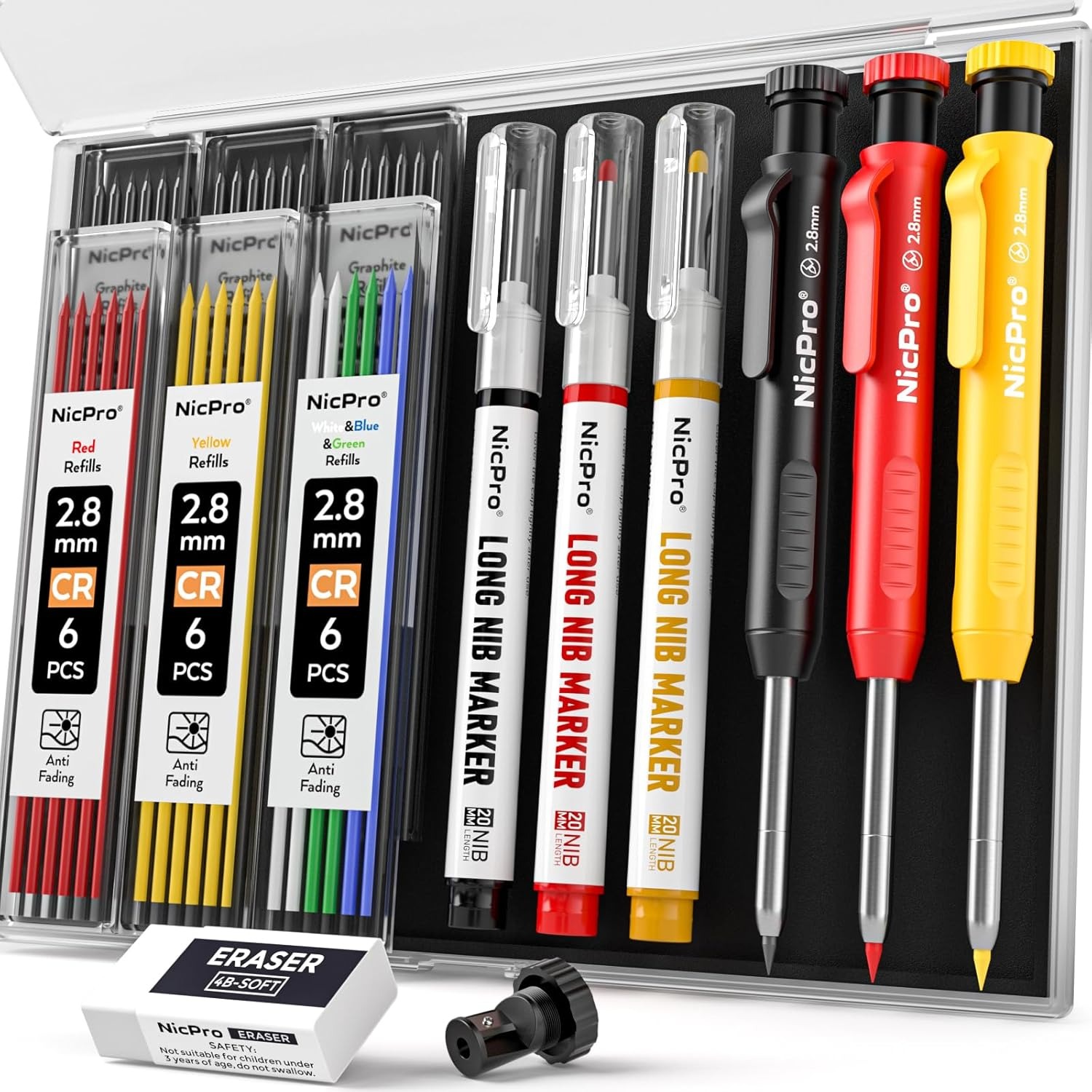 TEMU 1 Set Cp1000 Construction Pencils Mechanical Carpenter Pencils With 36 Refills Long Tip Deep Hole Markers Heavy Duty Marking Tool For