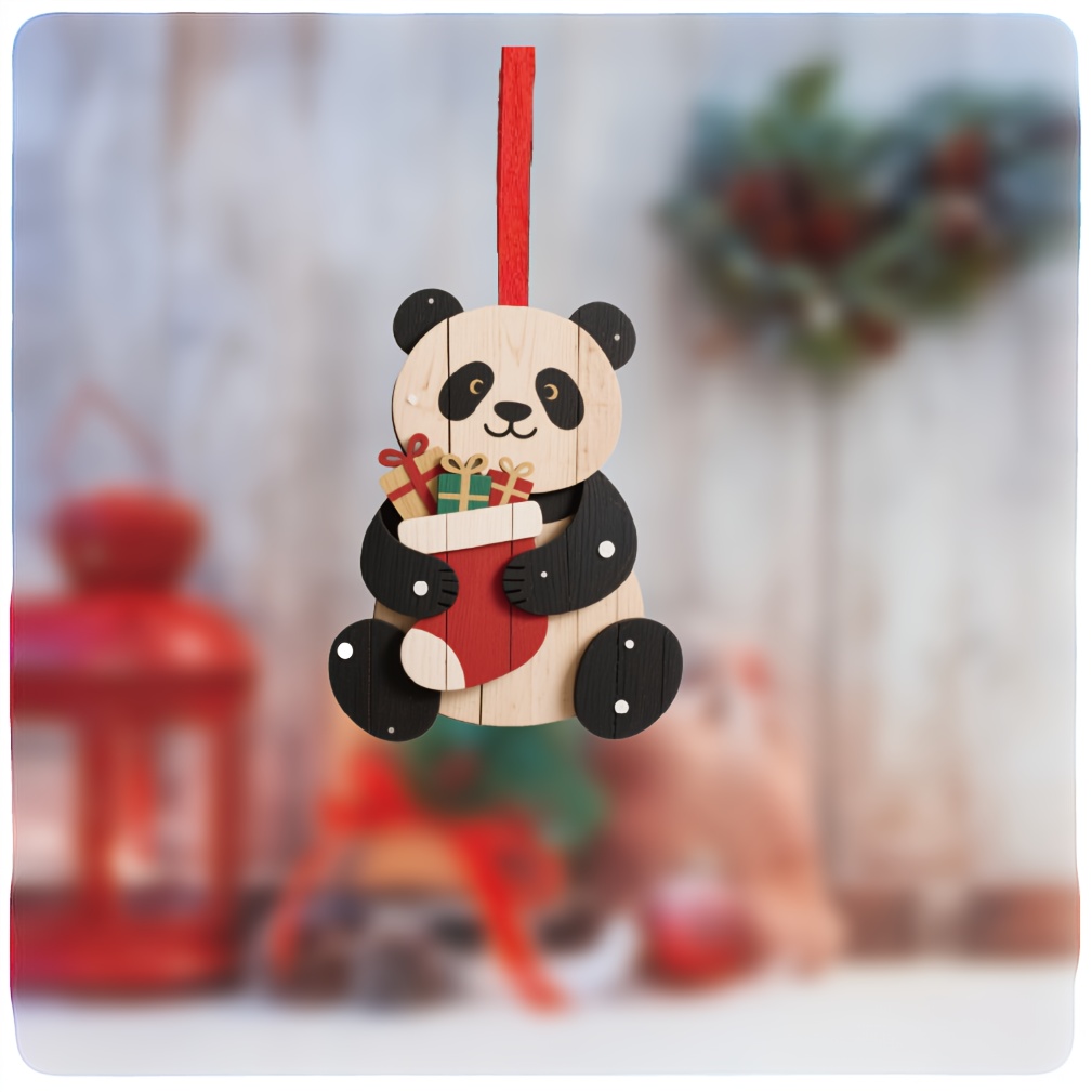 TEMU 1 Panda Holding Good Luck Ornament Gift Decoration - Wood Christmas Tree And Window Decoration With Red Ribbon Hook, Irregular Shaped Cute With