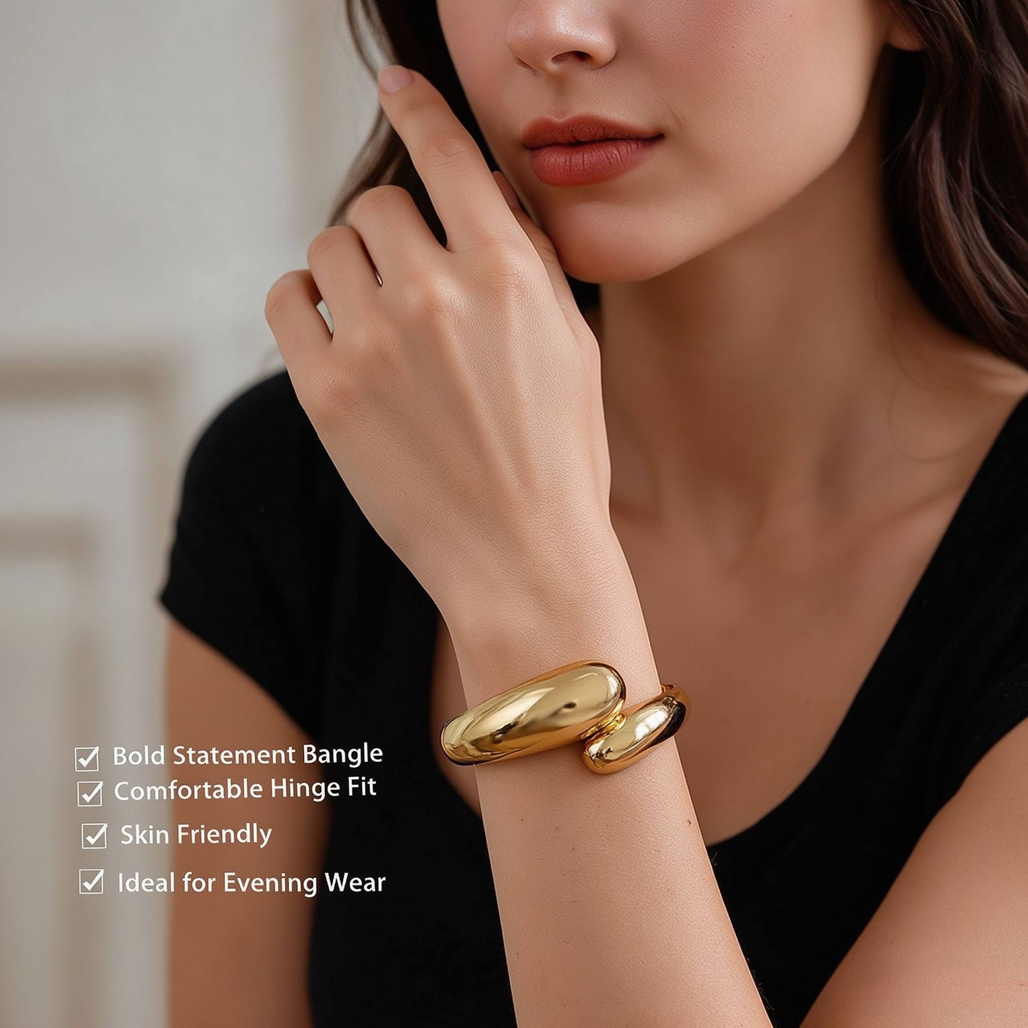 Smooth Glossy Open Cuff Bracelet for Women, Golden Tone