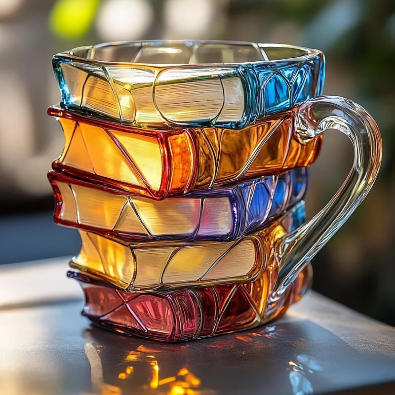 Handcrafted Ceramic 3D Stacked Books Mug - Vibrant Mosaic   Cup for Literature Lovers, Readers & Writers - Unique Bookworm Gift for Book Collectors &  , Artistic Drinkware, Mosaic Effect