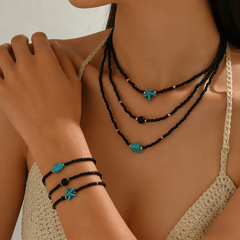TEMU 6pcs Summer Artificial Starfish Irregular Gravel Bead Necklace And Bracelet Set, Bohemian Bead Bracelet And Necklace Set, Women's Jewelry Set,