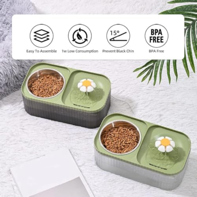 Cat Water Fountain and Food Bowl Ultra Quiet Pets Waters Dispenser with Smart Pump Automatic Pets Waters Fountain Dog Water Dispenser for Cats Kitty Dogs Multiple Pets