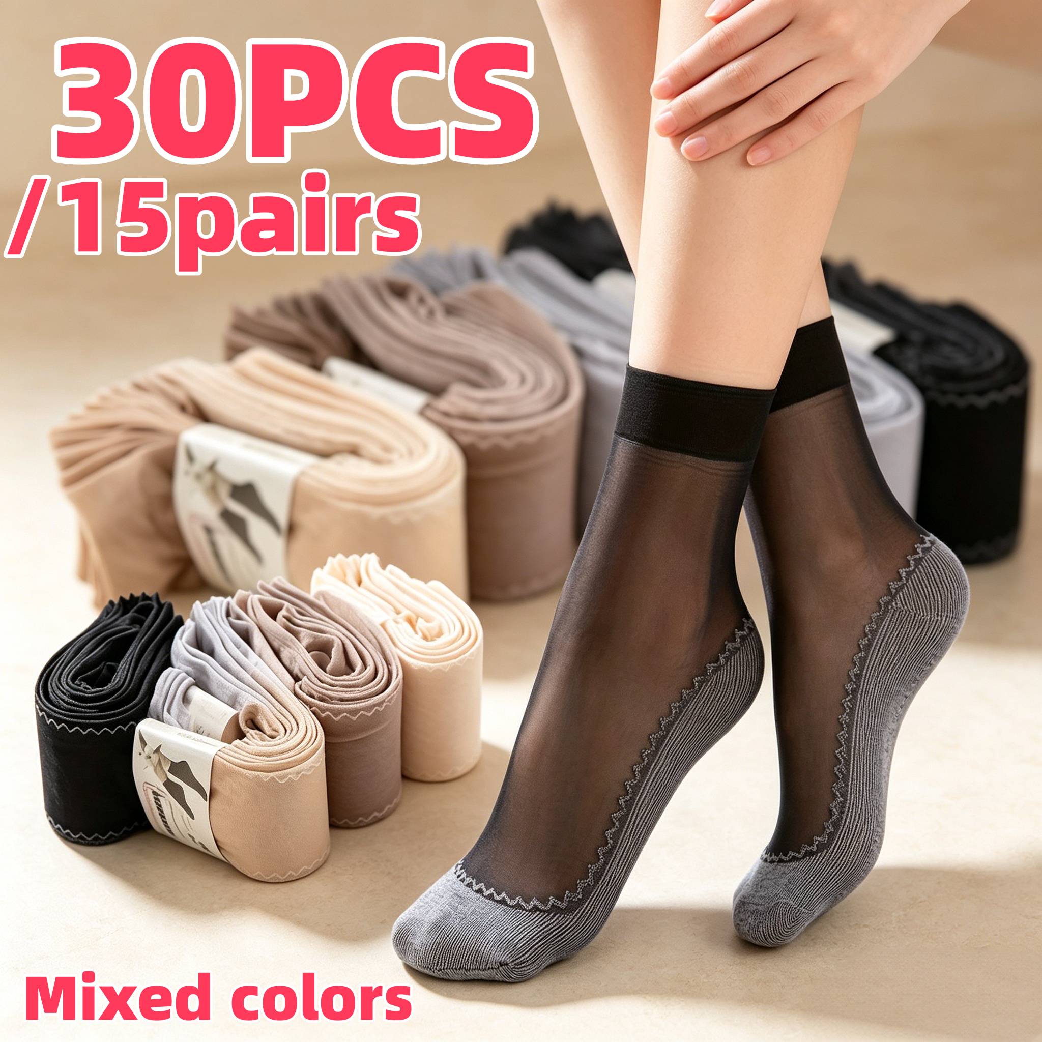 TEMU 15 paires (30 pièces) de chaussettes courtes fines pour femme - Dentelle et respirantes, talon antidérapant, adaptées aux baskets et chaussures