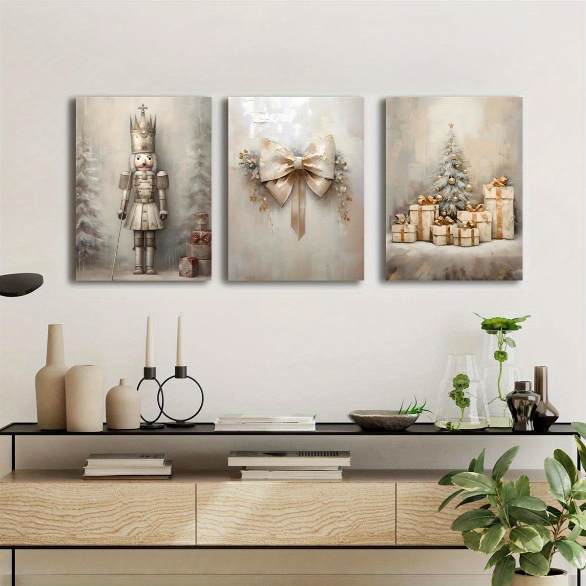TEMU 3pcs Canvas Wood Framed Poster Printed Painting, Vintage Christmas Tree Wall Art, Nutcracker Christmas Print, Vintage Bows, Decor Wall Art With