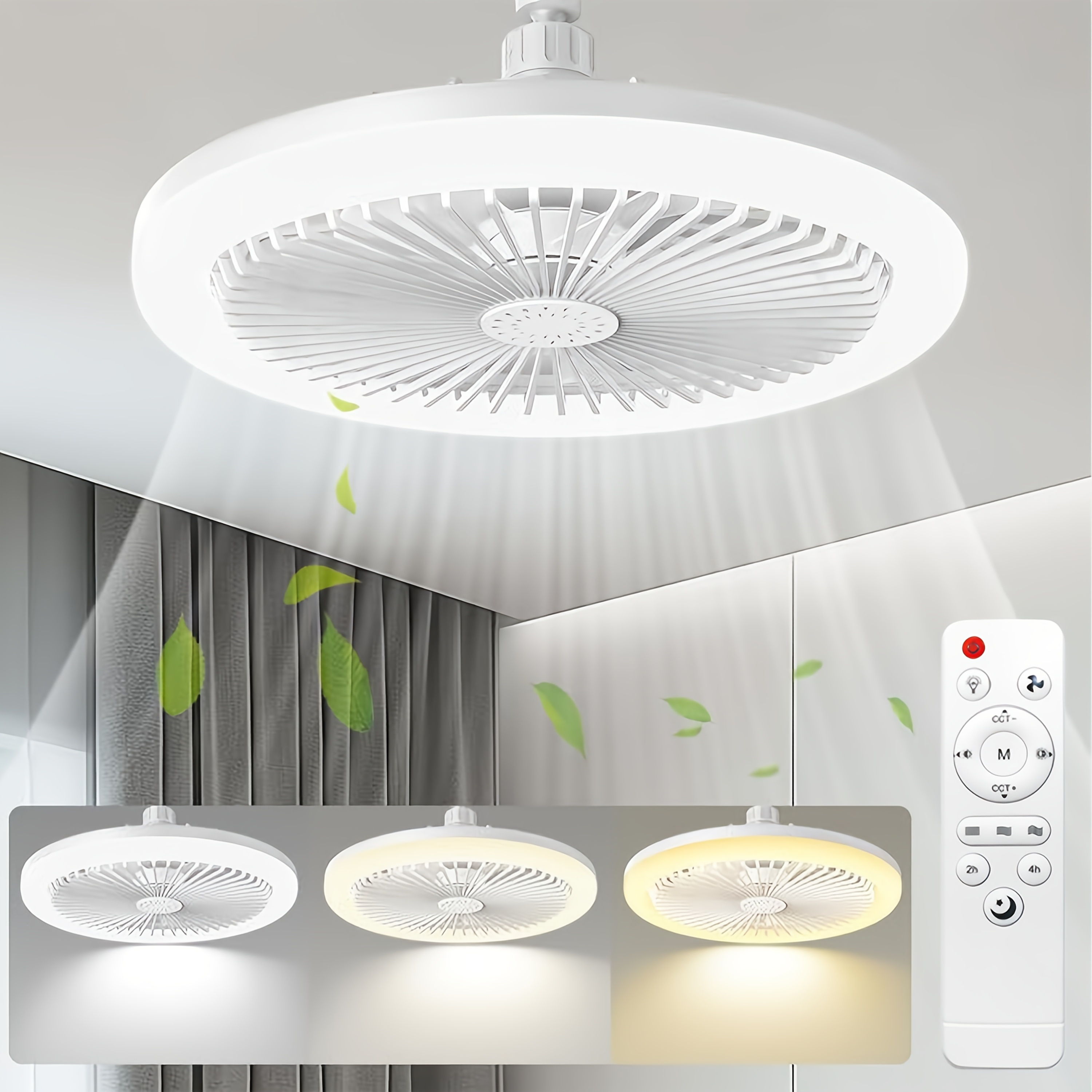 26cm modern fan light with remote - enclosed low , , strong swimming-like wind, 3-speed fan & dimmable led lighting (white/warm/cool daylight), timer function, e26/e27 base - hardwired for bathroom, bedroom, kitchen - voltage 85-265v, bedroom cooling, contemporary fixture, motor, interior designers Product details 1