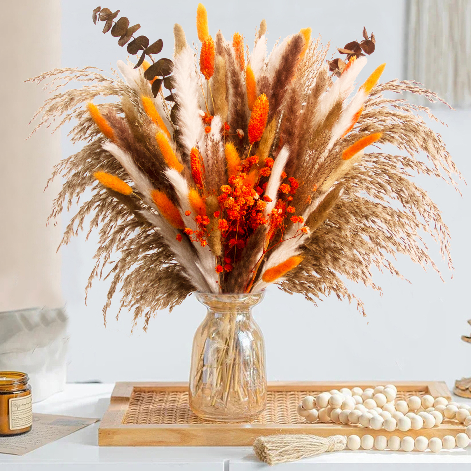Image of 81pcs Dried Flower Pampas Bunny Rabbit Tail Grass Eucalyptus Bouquet Boho Home Vase Room Living Seasonal Decor Dry Flowes Chic Wedding Party Decoration Festival Gif