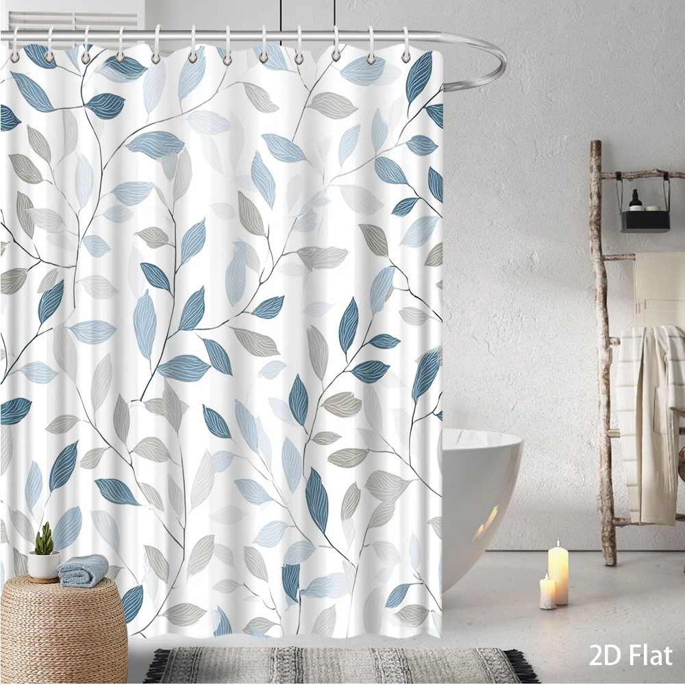 TEMU 2d Flat, 2d Flat, 2 D Flat 2d Flat, 1pc 2d Flat Leaf Design Shower Curtain, Blue-gray, Plant Theme, Suitable For Home Decor, Very Suitable For