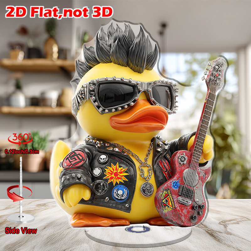 TEMU 2d Flat 1pc Rotating Acrylic Desktop Accessory Featuring A Yellow Rubber Duck With Punk Mohawk And Guitar For Office Display Or Music Room