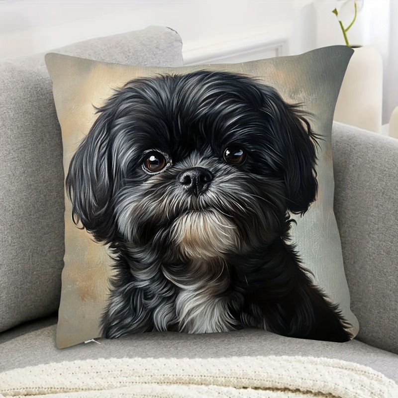 TEMU 1pc Super Soft Black Shih Tzu Dog Pillowcase, Double-sided Print 45.72x45.72cm, Vintage Style Home Decor For Sofa, Living Room And Bedroom - No