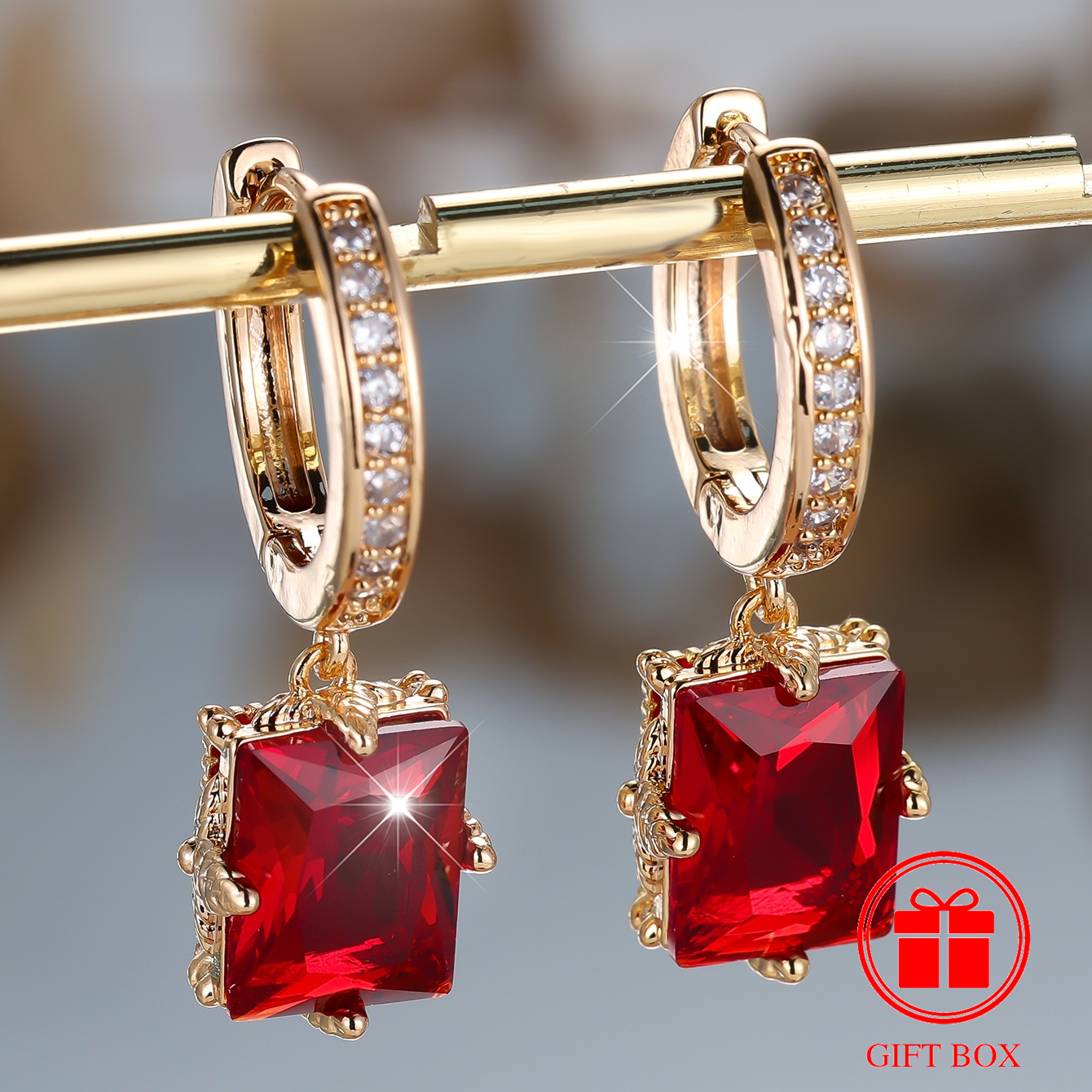 

1 Pair Elegant Luxury Red Cubic Zirconia Hoop Earrings, Golden Plated Copper, December Birthstone, Synthetic Stone, Gift For Valentine's Day, Fashion Jewelry For Women