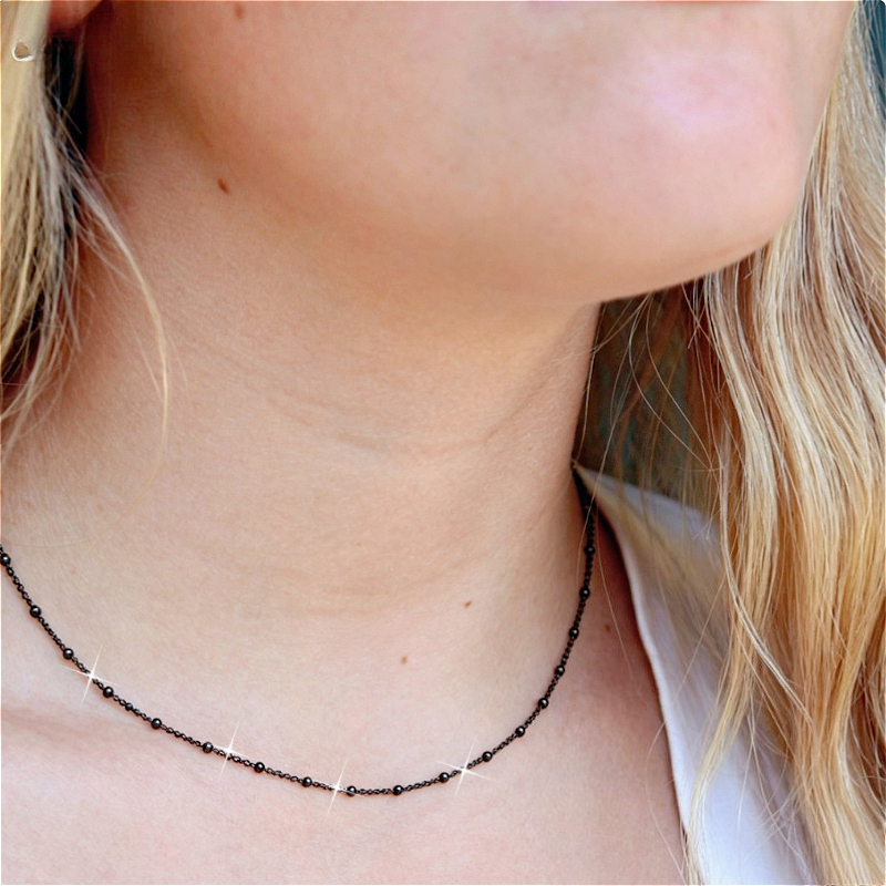 Stainless Steel Black Bead Chain Necklace, Adjustable Fine Beaded Chain