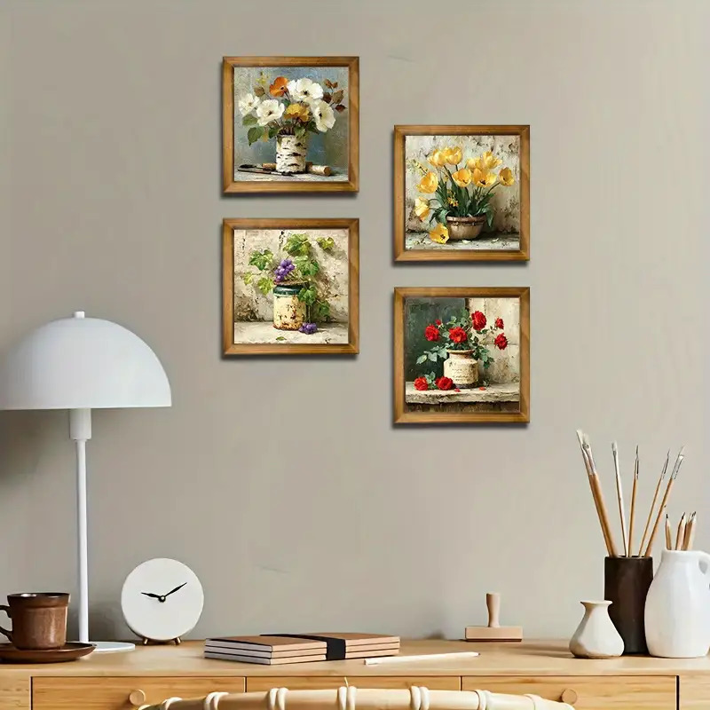 TEMU 4pcs Bohemian Rustic Wood Framed Wall Art - Faux Wood Floral Panel Suitable For Home, Cafe, Office, Garden Decor - Neutral Distressed Farmhouse
