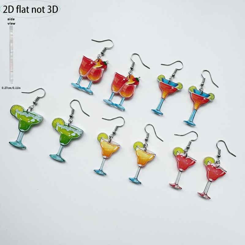 TEMU 2d Flat 5-pack Set Of Multicolor Cocktail Earrings, Summer Margarita Glass Acrylic Ear Accessories, Women's Unique Party Accessories