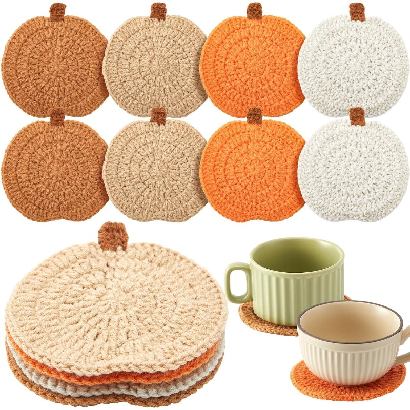 TEMU 8pcs Hand-crocheted Pumpkin Coasters, 4 Colors, Knitted Heat-resistant Pads, Thanksgiving Autumn Table Decor Tea Cup Coasters