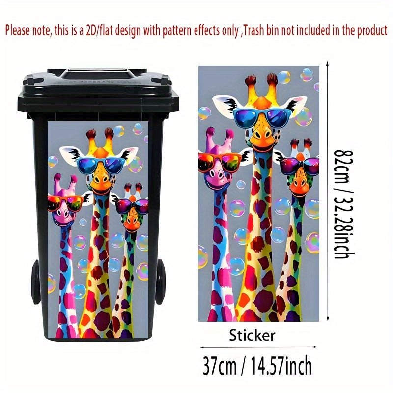 E-shop 1 Stück bunter Giraffen-Aufkleber für einen Mülleimer, Größe 37×82 cm, mit stilvollem Brillen-Design. Selbstklebende Tapete zur Dekoration von