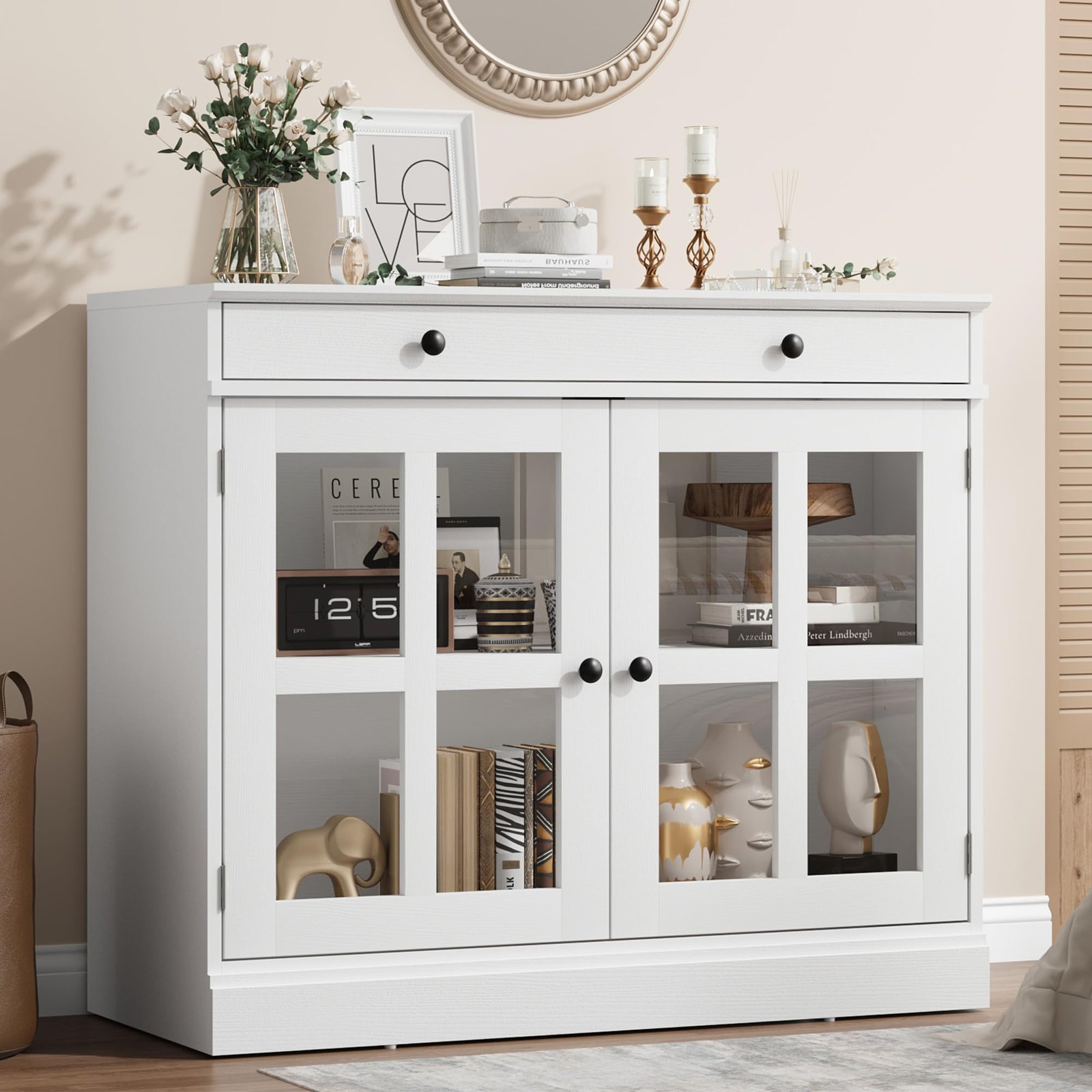 GAOMON 35.4Inch Black Sideboard Buffet Cabinet with Glass Doors, Storage Cabinet with Drawer, Modern Buffet And Sideboard for Dining Room, Kitchen, Living Room