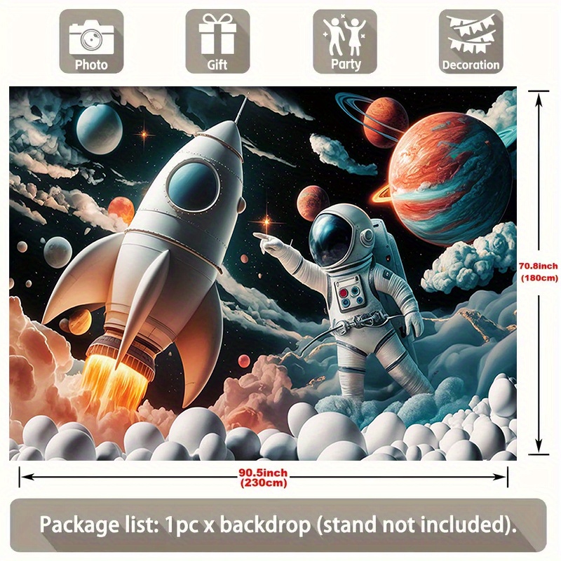 TEMU 1pc Party Banner - Vibrant Polyester Backdrop With Astronaut & Rocket Design, Planets & Stars, Perfect For Home Decor, Room Wall Decoration,