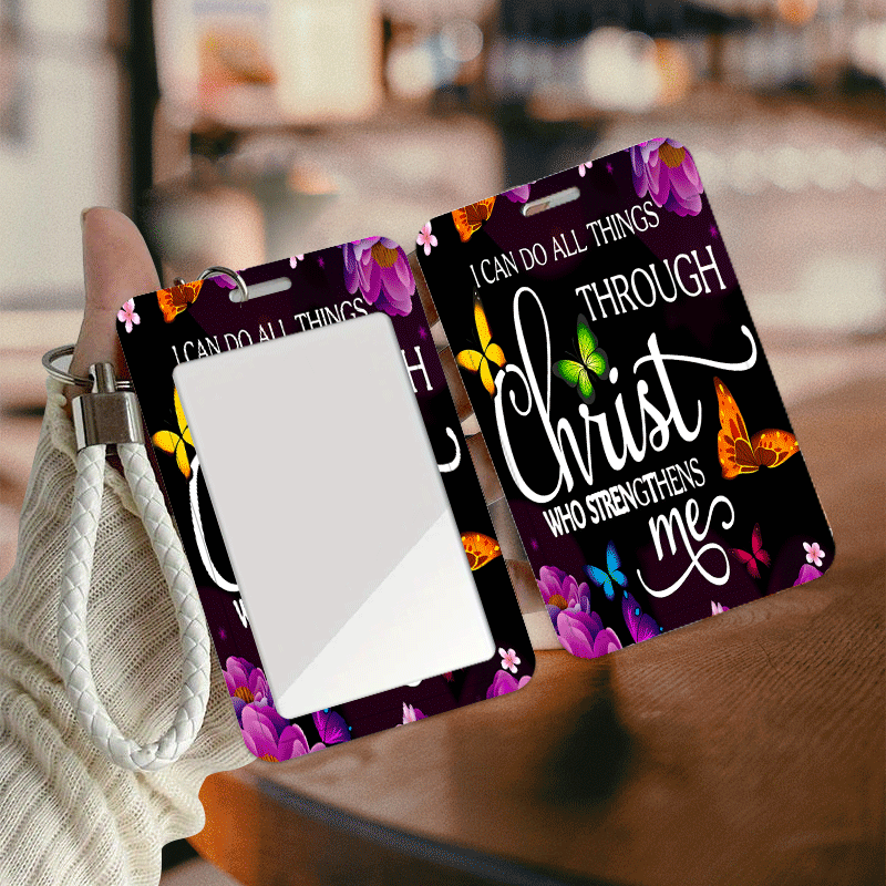 TEMU Fashionable And Card Holder With The Printed "i Can Do All Things Through Christ Who Strengthens Me," With A Purple Floral And Design. This Id