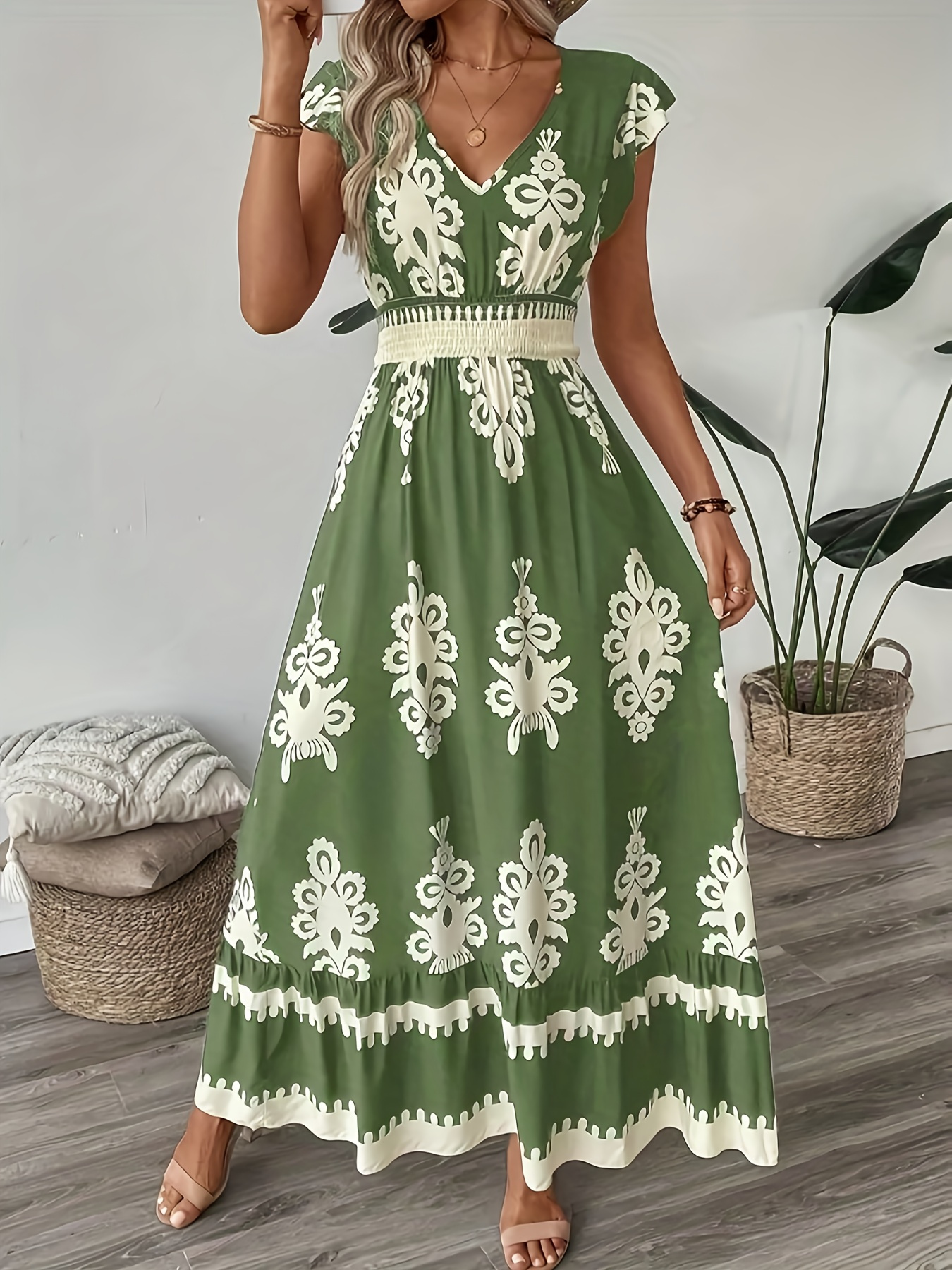 womens new bohemian long dress v neck design elegant commuting style full body positioning print comfortable fabric suitable for commuting and dating local warehouse womens gift suitable for autumn Product details 1