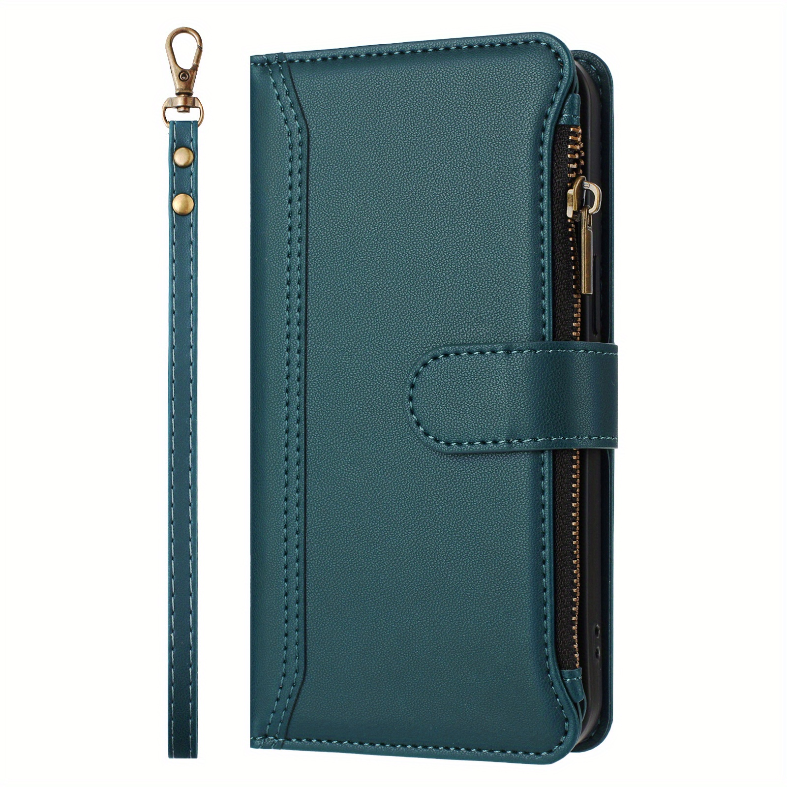 TEMU Phone Case: By Dark Green Nine-card Zipper Synthetic Leather Case, Multi-card Slot -quality Synthetic Leather Flip Phone Cover With Stand,