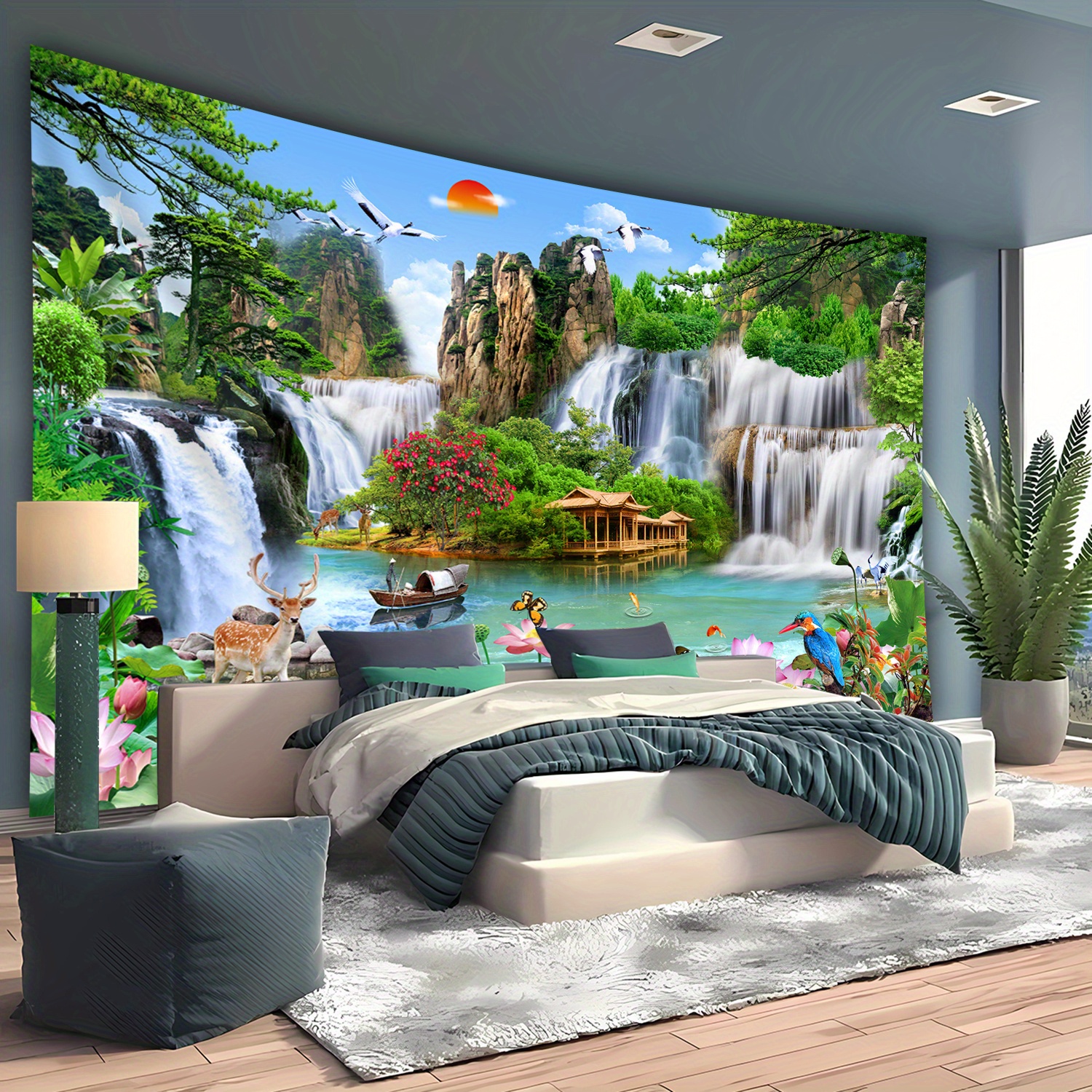 TEMU 1pc - Taille Ultra Large - Pavillon Shui Paysage Photo Grosse Tapisserie d'Impression Numérique, Impression Esthétique Polyester - pour Salon