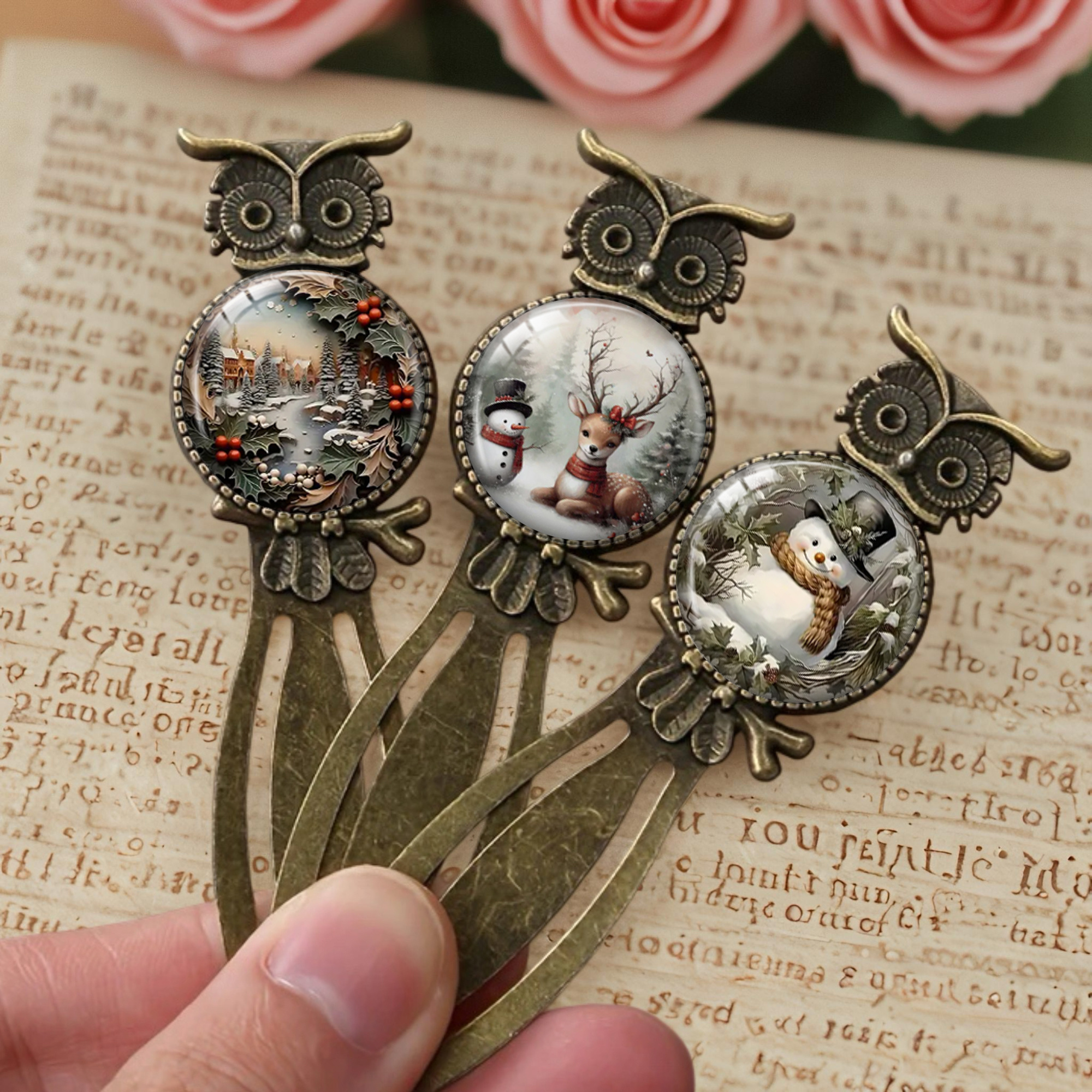 TEMU 3pcs S Retro Snowman Decorative Metal Bookmark, Snowman With Flowers, Winter Decoration, Christmas Tree Charm Gift