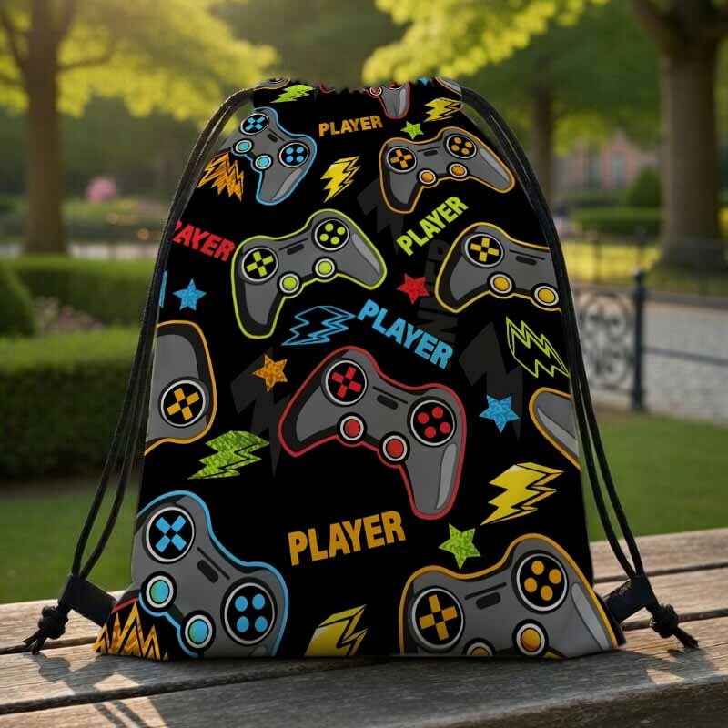 TEMU Gaming Controller Pattern Backpack, Video Game Player Design, Colorful Gamer Print, Lightning Stars, Black Background, Durable Oxford Fabric,