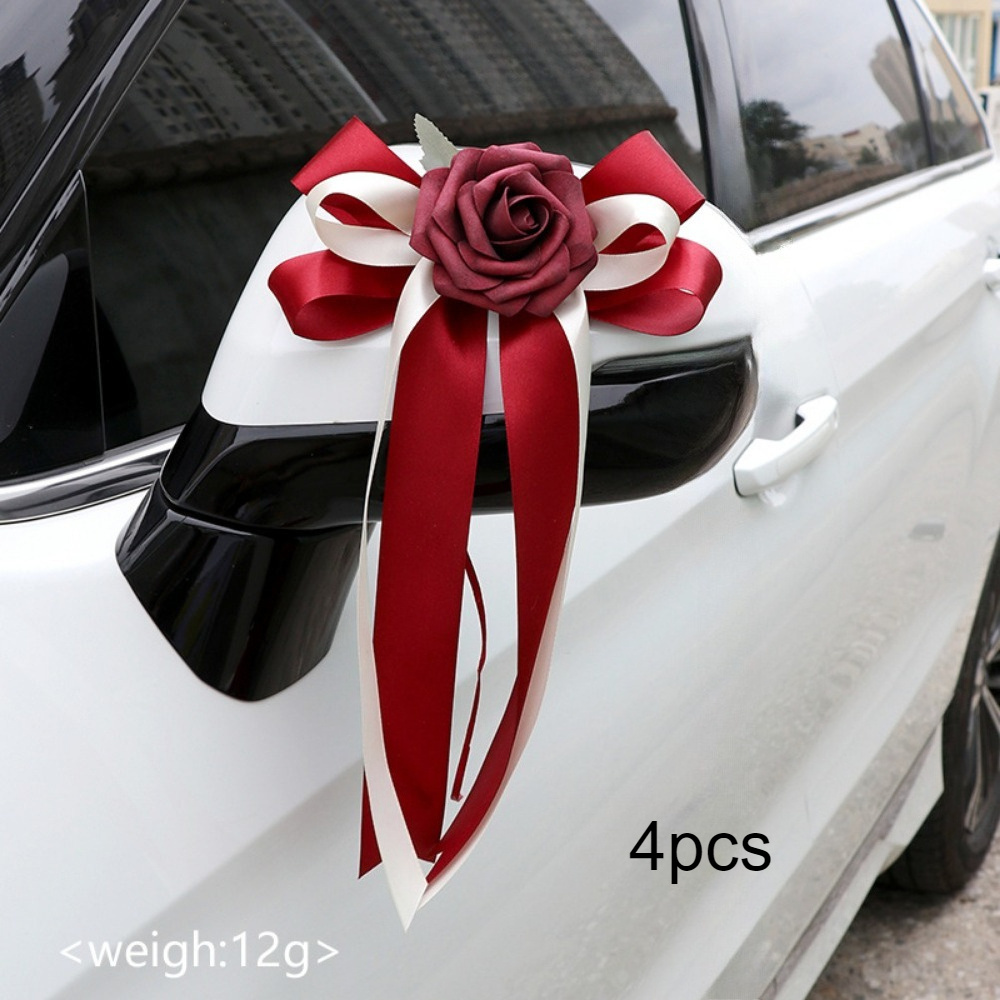 Image of Set Of 4 Stylish White And Blue Flower-patterned Bows For Car Mirrors, Ideal For Enhancing Weddings, , Christmas, And Summer Halloween