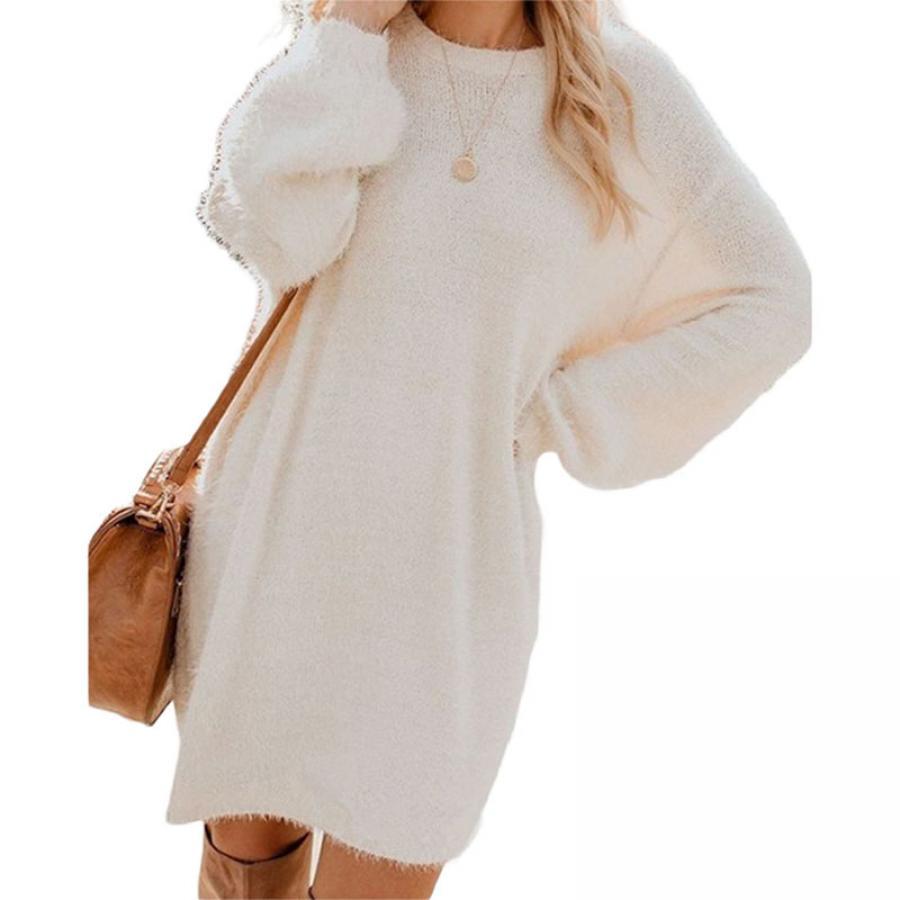 

1pc Size Women's Midi Tunic Dress - Polyester Knit Fabric, Crew Neck, Long Sleeve, Solid Color, Slight Stretch, Hem Detail For Fall/winter