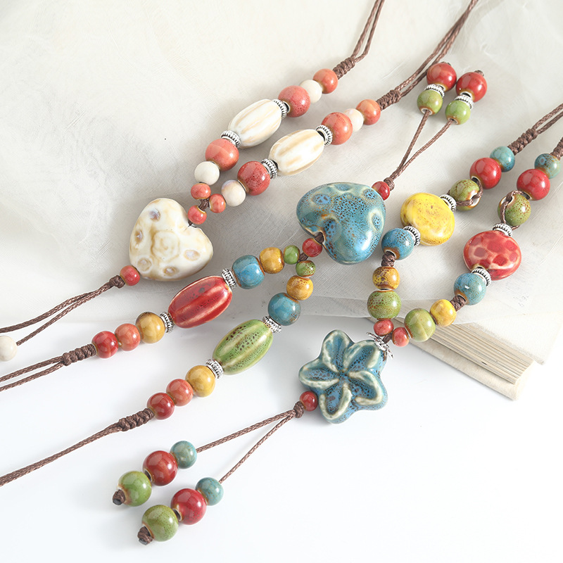 3pcs Colorful Long Macrame Ceramic Necklaces Set