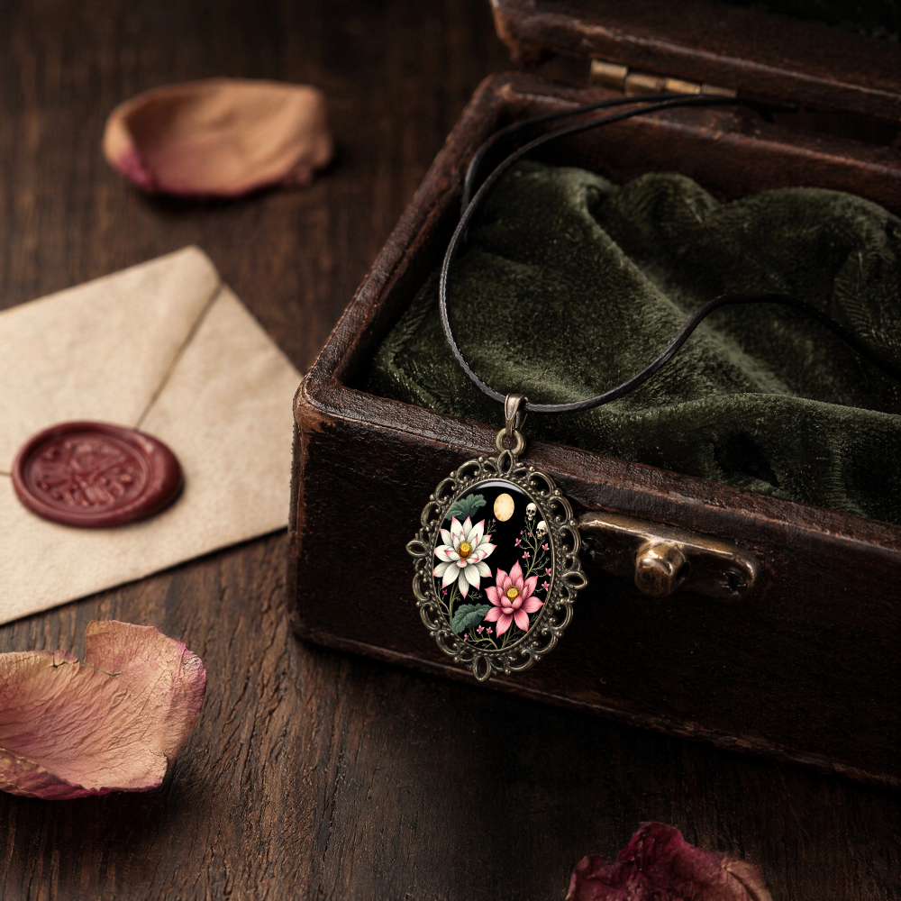 Vintage Floral Moon Night Sky Glass Pendant Necklace