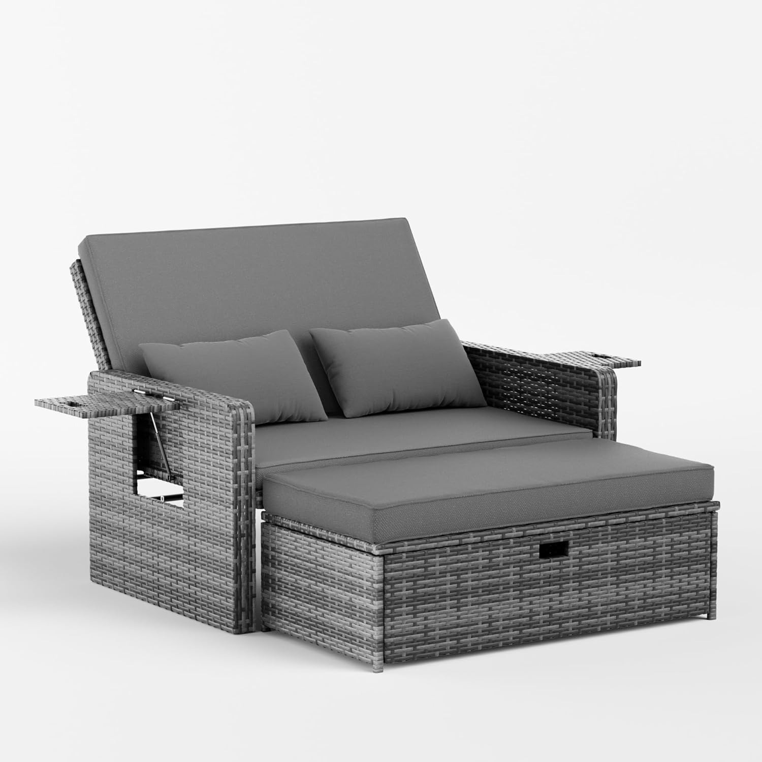 Outdoor Rattan Patio Lounge Set With 2- Seater Sofa, Adjustable Backrest And Storage Space, Garden Balcony Furniture With Stool And Cushions