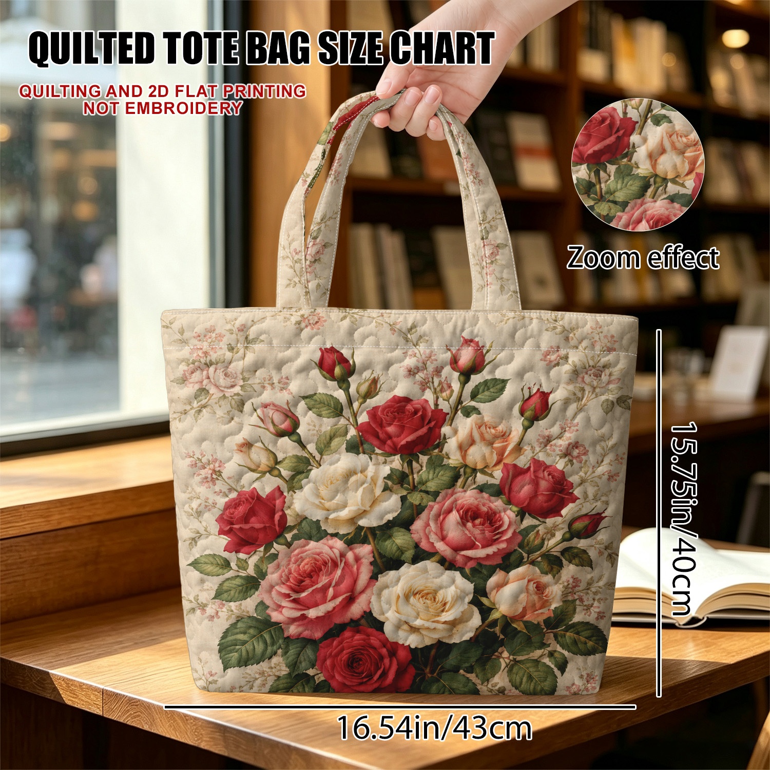 TEMU (not ) 1pc Bouquet Of Blooming Roses Printed Quilting Craft Travel Tote Bag For Daily , , Lightweight, Durable, Reusable, Ideal Halloween Gift