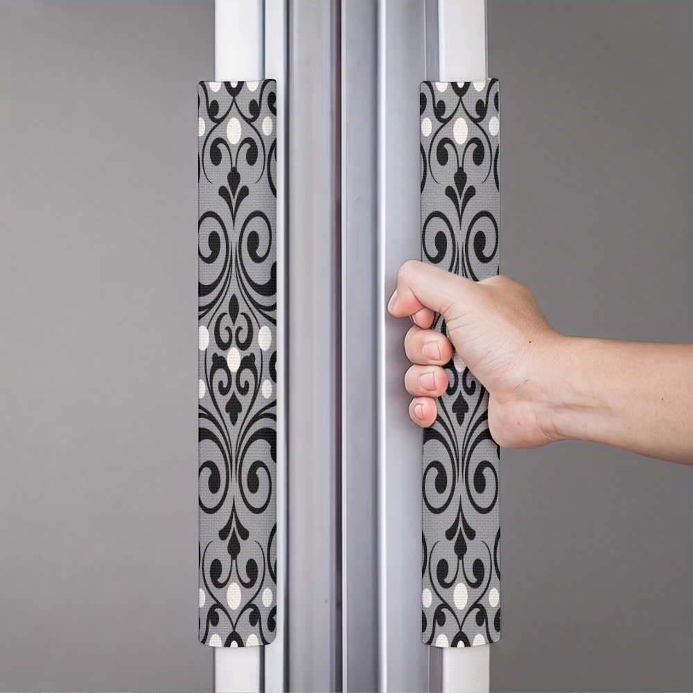 TEMU 2pcs 2d Flat Refrigerator Door Handle Covers, Refrigerator Door Handle Protectors, Black And Floral Branch Pattern Refrigerator Handle Covers,