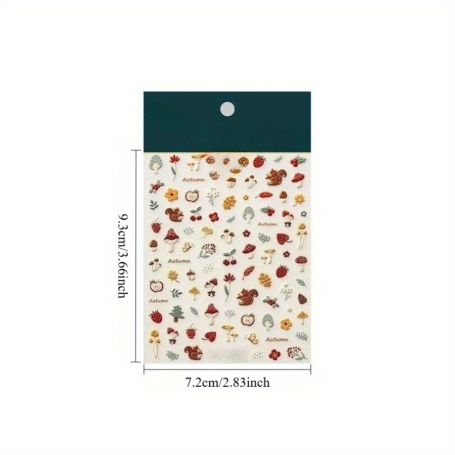 1pc 5d Relief Nail Art Stickers Compatible For Diy - Mushroom, , Squirrel & Flower Decals With Relief Texture (no Glue/ Nail) | Plastic Autumn Manicure For Fall Nail Designs