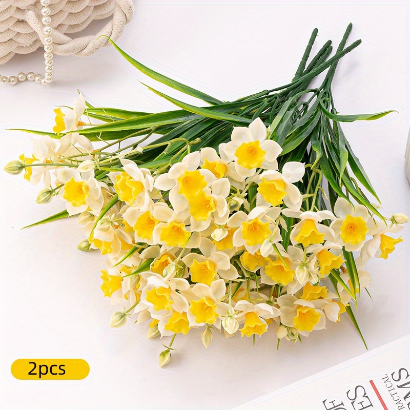 Image of 2pcs Artificial Flowers Office Fake Flowers Faux Bouquet Potted Fake Flowers Ornament Plastic Flowers