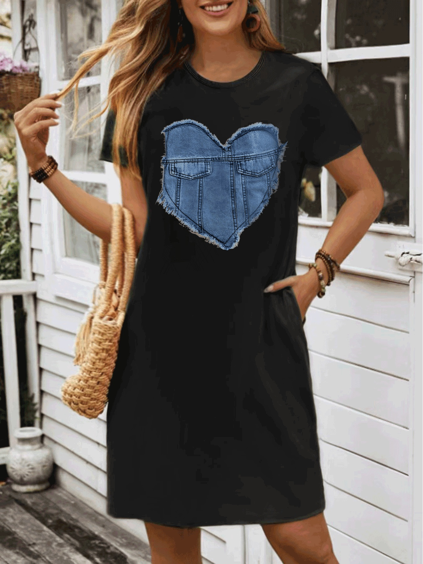 denim heart shaped loose casual fashion versatile round neck - Temu  Mauritius