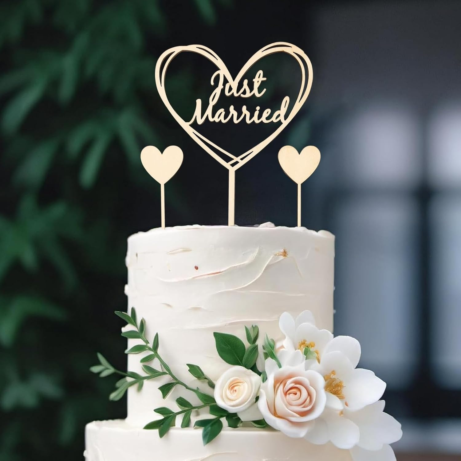 Image of Set Of 3 Wooden Just Married Cake Toppers - Rustic Decorations For Wedding Cakes For The Bride And Groom - Celebration For - Cake Decorating Items For Reception And Honeymoon Events