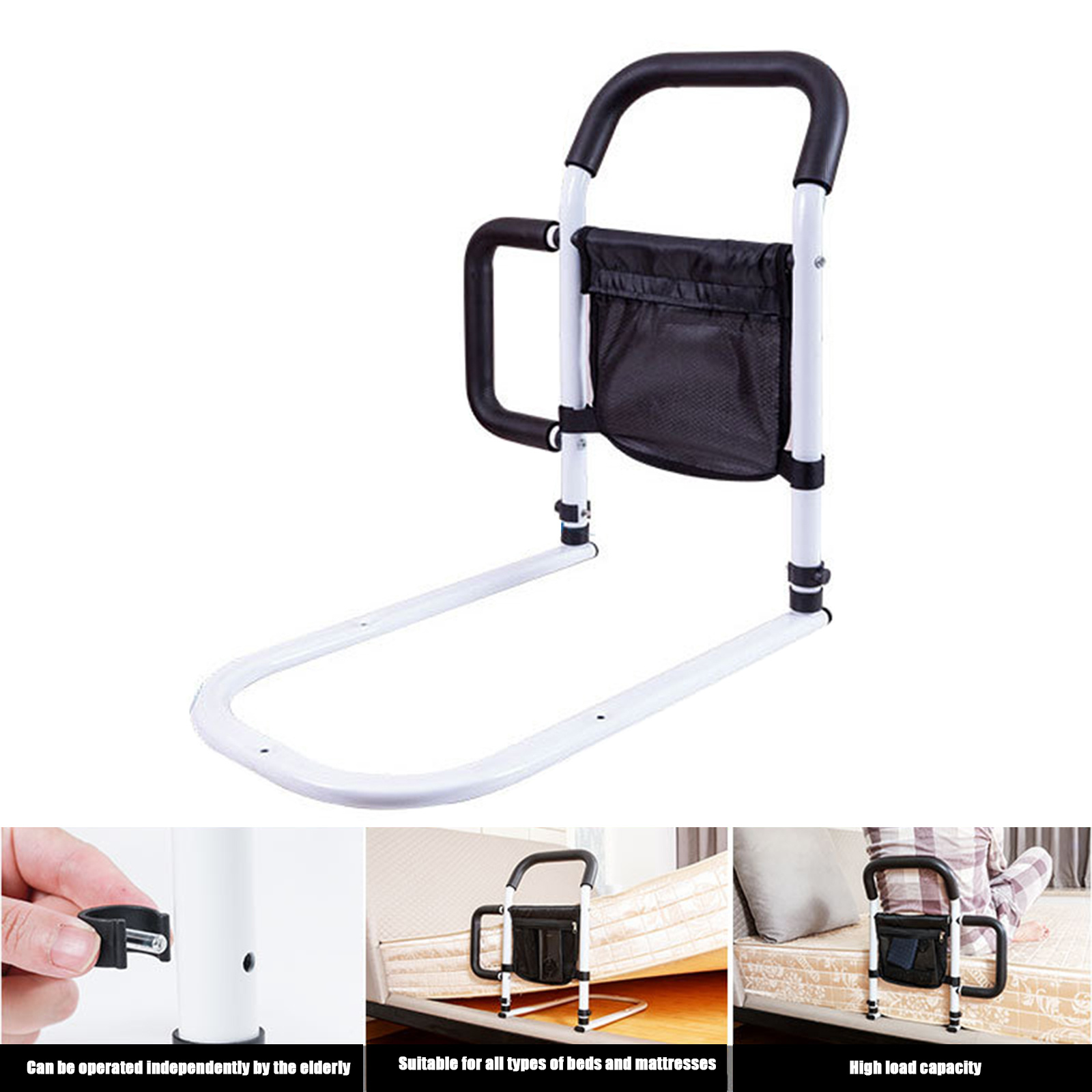 Bed Rail for Seniors, Featuring a Storage Pocket And Double Handrails, Designed to Aid in Easy Up Down from Beds, Suitable for Large Beds, Full Beds, And Small Beds, with a Support Capacity of Up to 136.08 KG