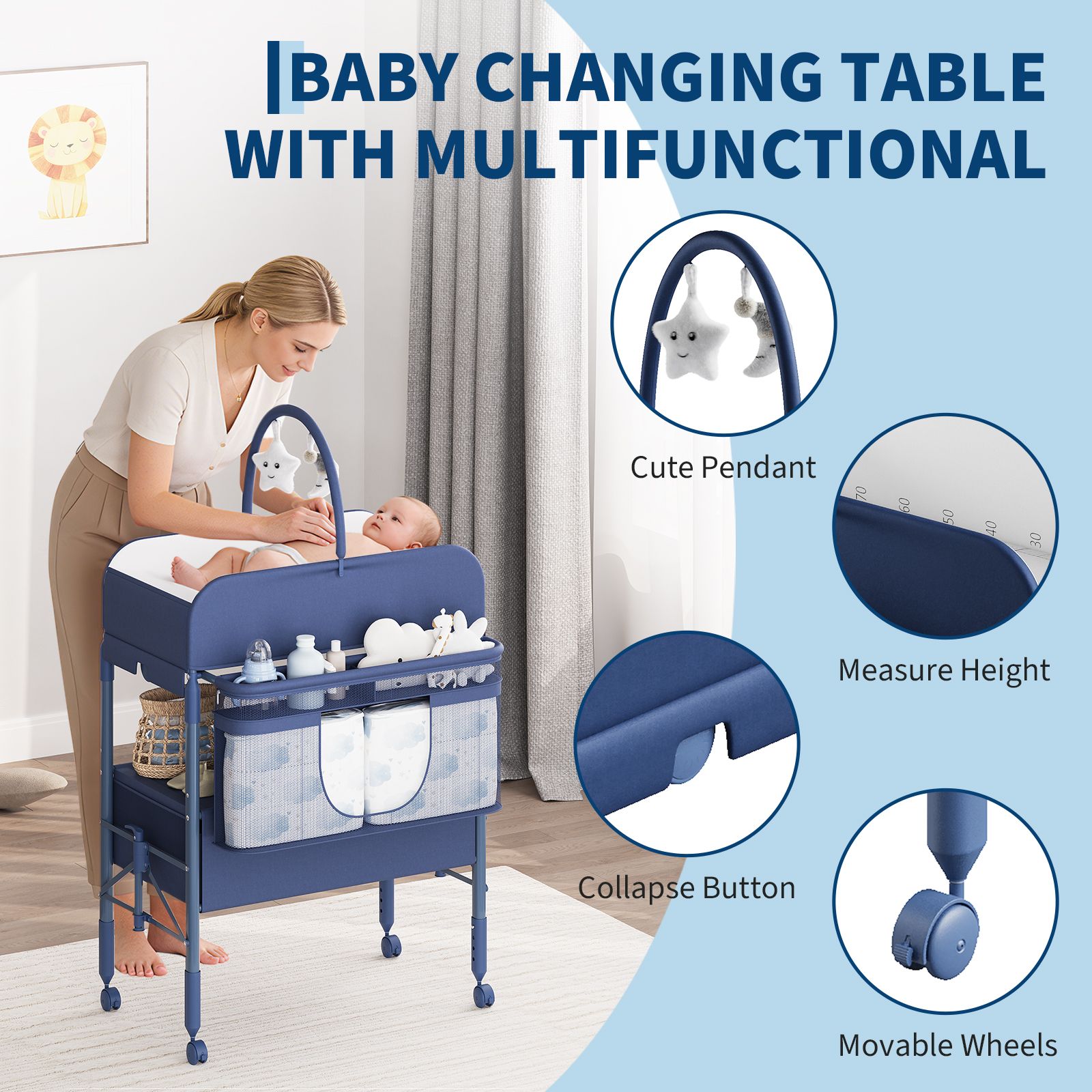 Height-Adjustable Baby Changing Station on Wheels - Compact Design, Two Storage Drawers, Quality - Portable And Space-Efficient Nursery Organizer for Infants And Newborns