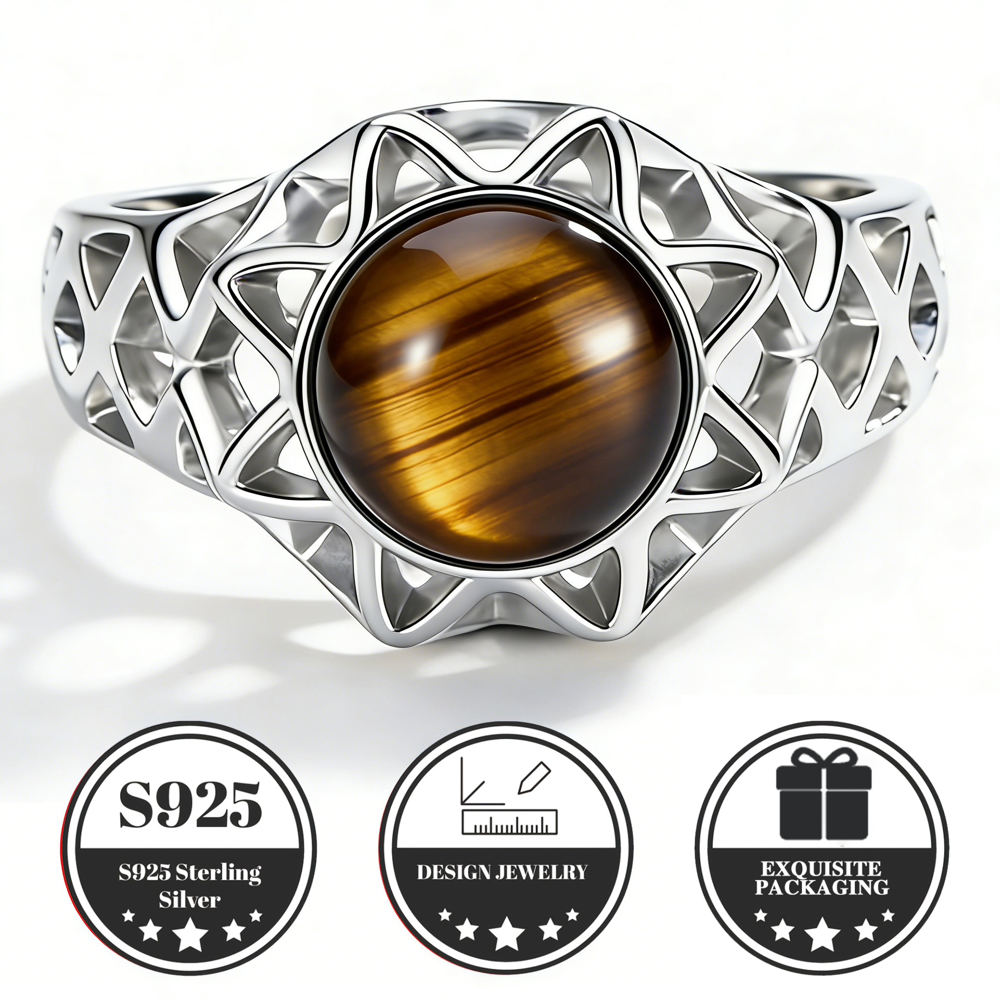Image of S925 Sterling Silvery Round Cabochon Tiger Eye Hollow Out Ring, Vintage Grid Band Unisex , Hypoallergenic Tarnish Resistant, For Daily Wear, Valentine's Day Birthday Anniversary Gift For Women Couples