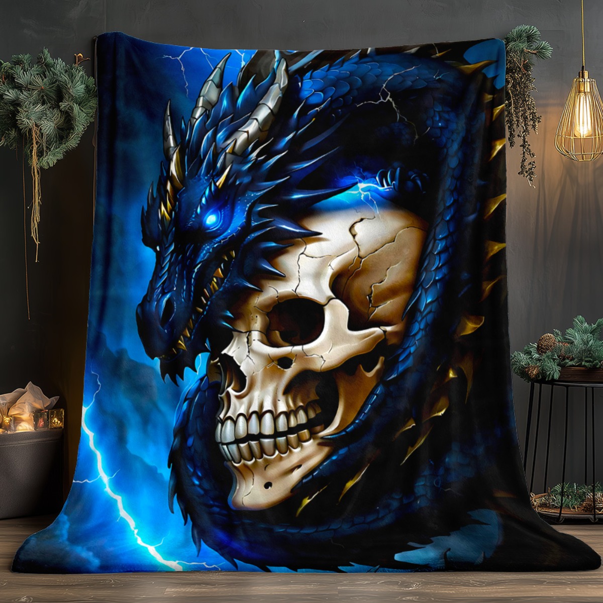 TEMU 1pc Blue Dragon And Printed Outdoor Blanket - Lightweight Flannel Used For Camping, Picnic, Hiking, , Airplane, Bedroom, Office, Chair - Digital