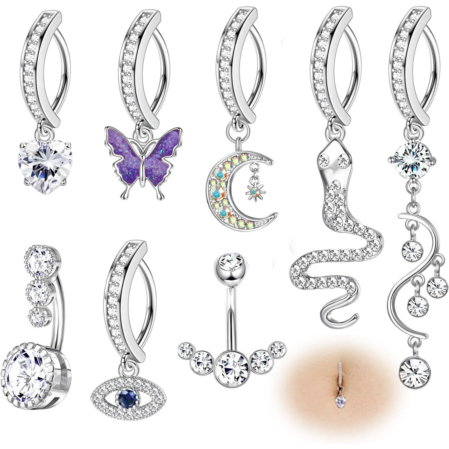 Image of 8pcs Clicker Belly Button Rings For Women 316l Surgical Steel Dangle Belly Piercing Heart Snake Reverse Curved Navel Rings Barbell Body Piercing Jewelry