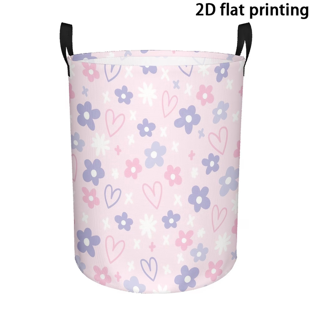 TEMU 1pc Pink Love And Flower Pattern Dirty Clothes Basket, With Handle Storage Basket, Portable Foldable, Multi Purpose Storage Basket, Circular